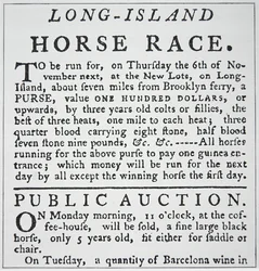 Kennisgeving van een paardenrace op Long Island, uit Rivington