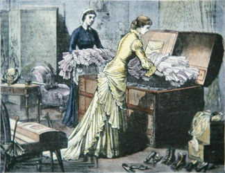 Inpakken van Saratoga Koffer voor treinreis naar Saratoga Springs, New York, ca. 1880