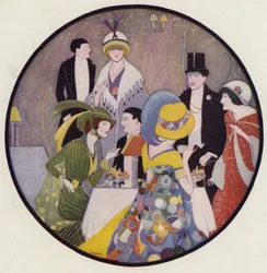 Sociale contacten na een toneelstuk, een scène uit het korte verhaal After The Play van J A Waldron (kleurenlitho)