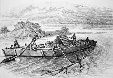 Pioniersvlot op de Mississippi rivier, c. 1840 (gravure)