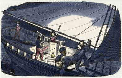 Piraat Charles Gibbs (begin 19e eeuw) doodt kapitein Thornby en gooit hem in zee. Gravure van "Het eigen boek van de piraat" 1837.
