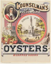 Poster die Counselmans Lord Baltimore Circle Brand Oysters en ingeblikte goederen adverteert