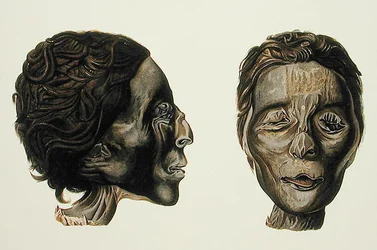 Profiel en gezicht van een vrouwelijke mummie uit Gizeh, Volume II, plaat XXVII uit Ancient Egypt door Samuel Augustus Binion, gepubliceerd 1887