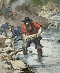Goudzoekers die goud pannen tijdens de Californische Gold Rush van 1849