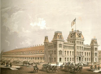 Spoorwegstation, uit Chicago Illustrated, met literaire beschrijvingen door James W. Sheahan, uitgegeven door Jevne & Almini, Chicago, 1866-67