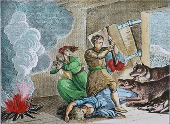 Gulzige wolven vallen de hut van een pionier binnen (gekleurde gravure)