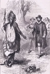 Ontvangst van een Naragansett krijger, illustratie uit Cassell