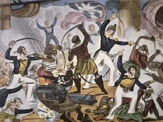 Matrozen van de Royal Navy aan boord van een Algerijns piratenschip, ca. 1820