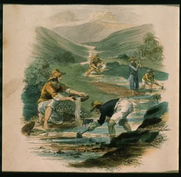 Scène aan de tak van de Sacramento in 1597, illustratie uit California, its past history, its present position, its future prospects door G.A. Fleming, 1850