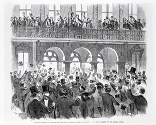 Secessie bijeenkomst voor het Mills House, Meeting Street, Charleston, South Carolina, c.1860 (gravure)