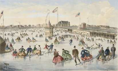 Schaatsen op Union Pond, uitgegeven 1863 (kleur litho)