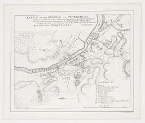 Schets van het gevecht bij Petersburg: tussen het Koninklijk Leger onder bevel van Majoor Gel. Phillips en het Amerikaanse leger onder bevel van Majoor Genl. Steuben waarin de laatsten werden verslagen, 25 april 1781