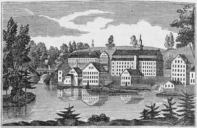 Zuid-Oostaanzicht van de fabrieken bij Yantic Falls, Norwich, uit 