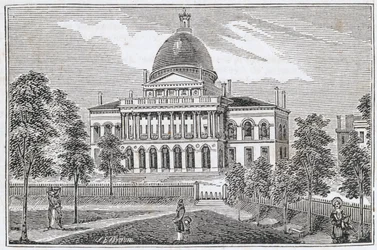 Zuidelijk uitzicht op het State House in Boston aan Beacon Street, uit 