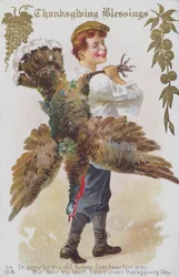 Wenskaart met Thanksgiving van een man met een kalkoen. (chromolitho)