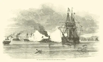 De Arkansas die door de Unie-vloot bij Vicksburg vaart, juli 1862