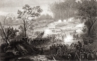 De slag bij Pittsburg Landing, gegraveerd door H. B. Hall, 1862