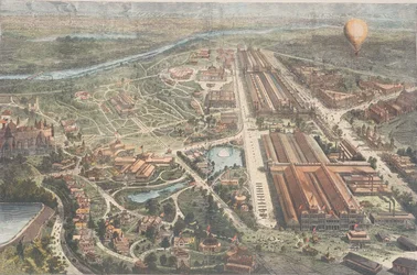 De Centennial - Ballonzicht van de terreinen, Harpers Weekly, ca. 1876