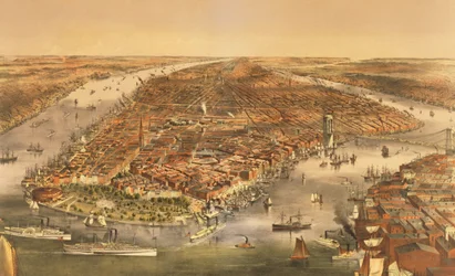 De stad New York, uitgegeven door Currier en Ives, 1870