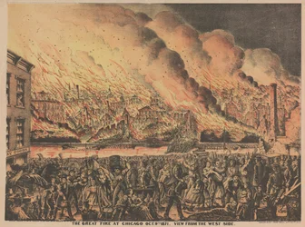 De grote brand in Chicago, 9 oktober, uitzicht vanaf de westkant, 1871