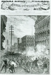 De grote staking: Het zesde Maryland Regiment vecht zich een weg door Baltimore, uit 