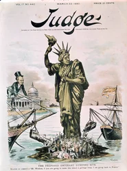 Het voorgestelde emigrantendumpingsite, voorpagina van Judge, 22 maart 1890