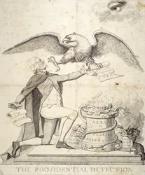 De providentiële ontdekking, cartoon die Thomas Jefferson (1743-1826) toont die probeert de grondwet te vernietigen