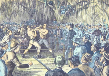 Het laatste bokskampioenschapsgevecht met blote vuisten in 1889, John L. Sullivan tegen Jake Kilrain in Richburg, Mississippi