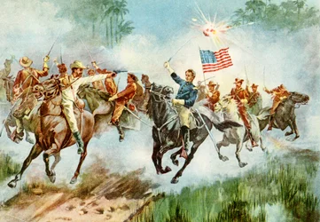 U.S. Rough Riders die een Spaans buitenpost in Cuba bestormen tijdens de Spaans-Amerikaanse Oorlog, 1898