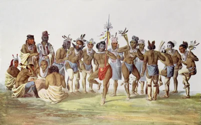 Krijgsdans van de Sauk en Fox, illustratie uit “The Indian Tribes of North America, Vol. 1”, door Thomas L. McKenney en James Hall, uitgegeven door John Grant