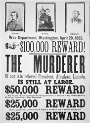 Poster van het Washington War Department met een beloning van $100,000 voor het vinden van de moordenaar van Abraham Lincoln (1809-65), 20 april 1865