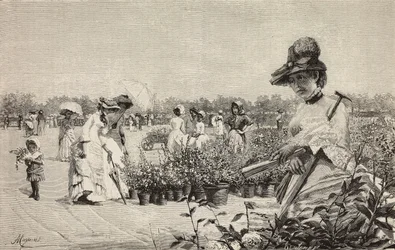 Vrouwen wandelen in Brera, Milaan, Italië, gravure naar het schilderij Maggio (Mei) door Amerino Cagnoni (1853-1923), uit L