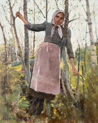 Lente; Meisje in een berkenbos