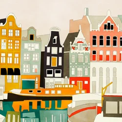 Amsterdamse huizen met schepen, aanzicht 1