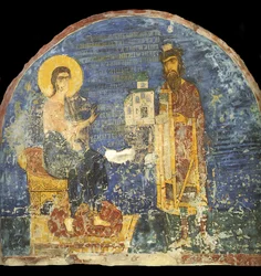 Grootvorst Jaroslav II Vsevolodovich met model van de Nereditsa-kerk voor Christus, 12e eeuw