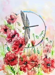 Levendige klaprozen en libellen