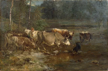 Melkmeisje en koeien bij de waterpaal (schilderij)
