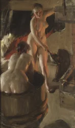 Meisjes uit Dalarna die een bad nemen, 1908