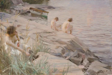 Meisjes die in de open lucht baden
