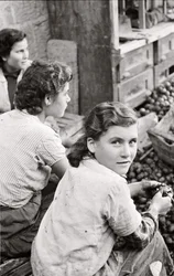 De glimlach van een jong meisje dat walnoten pelt, Quaglino, Napels, Italië, ca. 1955 (z/w foto)