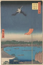 Azuma Brug vanaf Komagatado Tempel, uit de serie Honderd Beroemde Uitzichten van Edo
