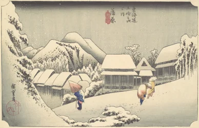 Avondsneeuw bij Kanbara, uit de serie Drieënvijftig Stations van de Tokaido, ca. 1833-34