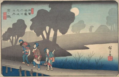 Maanverlichte nacht in Miyanokoshi, uit De Negenenzestig Stations van de Kisokaido, circa 1838
