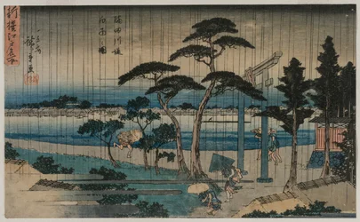 Afbeelding van lichte regen op de oever van de Sumida rivier..., late 1830s of vroege 1840s