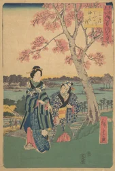 Plum-bloesem bekijken in de derde maand bij de Sumida-rivier uit de serie Jaarlijkse evenementen bij F..., 1854