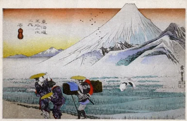 Geografie. Japan. Hara, Mount Fuji in de Ochtend (13e station). Houtsnede door Hiroshige in: Drieënvijftig Stations van de Tokaido (1833-1834). Ansichtkaart, Japan, c.1900