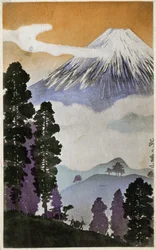 Geografie. Japan. Mount Fuji. Houtsnede door Hiroshige in: Drieënvijftig Stations van de Tokaido (1833-1834). Ansichtkaart, Japan, ca. 1900