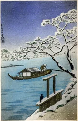Geografie. Japan. Rivier in de winter. Houtsnede door Hiroshige in: Drieënvijftig Stations van de Tokaido (1833-1834). Ansichtkaart, Japan, ca. 1900