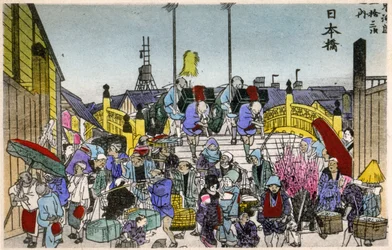 Geografie. Japan. De ochtendgloed bij de Nihonbashi (1e station). Houtsnede door Hiroshige in: Drieënvijftig stations van de Tokaido (1833-1834). Ansichtkaart, Japan, c.1900