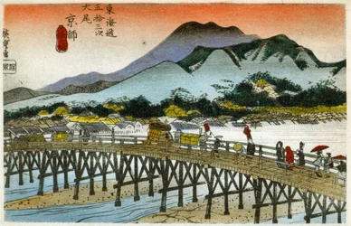 Geografie. De Ochtendgloed bij de Nihonbashi (55e station). Houtsnede door Hiroshige in: Drieënvijftig Stations van de Tokaido (1833-1834). Ansichtkaart, Japan, ca. 1900